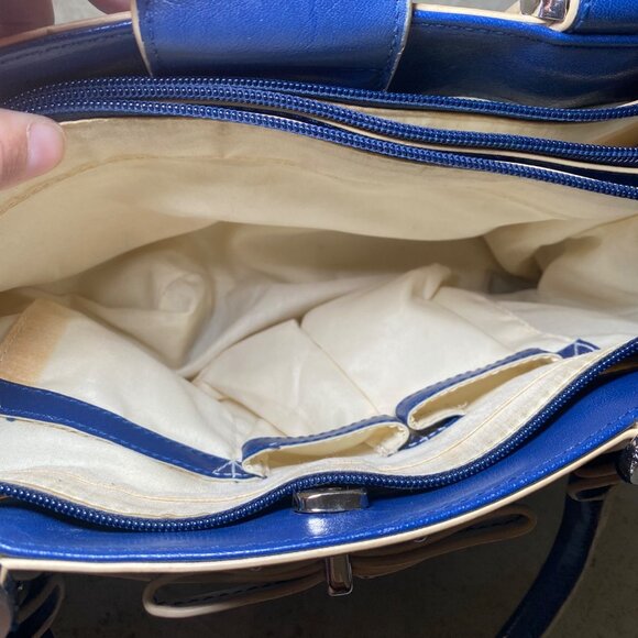 Vtg Liz Claiborne Blue Faux Leather Handbag With White Accent Bow & Dual Handles - Picture 6 of 8